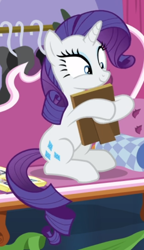 Size: 404x702 | Tagged: safe, screencap, character:rarity, species:pony, species:unicorn, episode:forever filly, g4, my little pony: friendship is magic, book, cropped, fainting couch, female, holding, mare, photo album, picture frame, sitting, smiling, solo