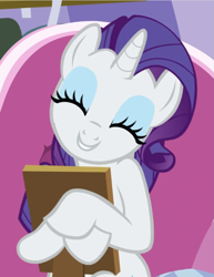 Size: 723x938 | Tagged: safe, screencap, character:rarity, species:pony, species:unicorn, episode:forever filly, g4, my little pony: friendship is magic, cropped, cute, eyes closed, happy, head tilt, holding, picture frame, raribetes, smiling, solo
