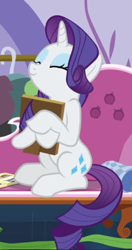 Size: 442x837 | Tagged: safe, screencap, character:rarity, species:pony, species:unicorn, episode:forever filly, g4, my little pony: friendship is magic, animation error, cropped, cute, eyes closed, female, happy, holding, mare, picture frame, raribetes, sitting, solo