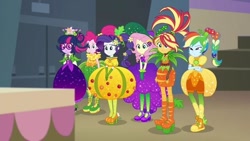 Size: 748x421 | Tagged: safe, screencap, character:fluttershy, character:pinkie pie, character:rainbow dash, character:rarity, character:sunset shimmer, character:twilight sparkle, character:twilight sparkle (scitwi), species:eqg human, equestria girls:holidays unwrapped, g4, my little pony:equestria girls, converse, cornucopia costumes, inflatable dress, o come all ye squashful, shoes