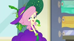 Size: 748x421 | Tagged: safe, screencap, character:fluttershy, equestria girls:holidays unwrapped, g4, my little pony:equestria girls, bare shoulders, cornucopia costumes, o come all ye squashful, sleeveless, solo, strapless