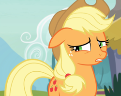 Size: 1182x937 | Tagged: safe, screencap, character:applejack, species:earth pony, species:pony, episode:honest apple, g4, my little pony: friendship is magic, cropped, female, floppy ears, freckles, mare, realization, solo, worried