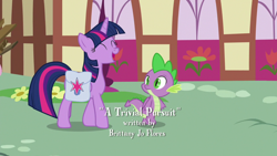 Size: 1920x1080 | Tagged: safe, screencap, character:spike, character:twilight sparkle, character:twilight sparkle (alicorn), species:alicorn, species:dragon, species:pony, episode:a trivial pursuit, g4, my little pony: friendship is magic, bag, happy, saddle bag, winged spike