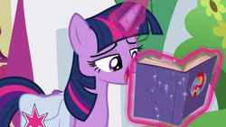 Size: 1920x1080 | Tagged: safe, screencap, character:twilight sparkle, character:twilight sparkle (alicorn), species:alicorn, species:pony, episode:a trivial pursuit, g4, my little pony: friendship is magic, bag, book, saddle bag, solo