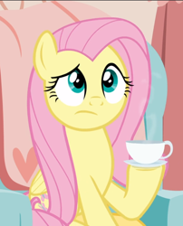 Size: 760x939 | Tagged: safe, screencap, character:fluttershy, species:pegasus, species:pony, episode:discordant harmony, g4, my little pony: friendship is magic, cropped, cup, female, holding, mare, sitting, solo, teacup