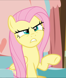 Size: 801x940 | Tagged: safe, screencap, character:fluttershy, species:pegasus, species:pony, episode:discordant harmony, g4, my little pony: friendship is magic, cropped, female, fluttershy is not amused, mare, narrowed eyes, raised hoof, sitting, solo, unamused, underhoof