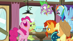 Size: 1920x1080 | Tagged: safe, screencap, character:applejack, character:granny smith, character:pinkie pie, character:rainbow dash, character:spike, character:sunburst, species:dragon, episode:a trivial pursuit, g4, my little pony: friendship is magic, nose in the air, pencil, winged spike