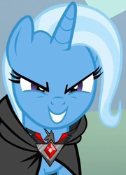 Size: 568x790 | Tagged: safe, screencap, character:trixie, species:pony, species:unicorn, episode:magic duel, g4, my little pony: friendship is magic, alicorn amulet, cape, clothing, cropped, smiling, solo