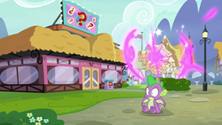 Size: 1920x1080 | Tagged: safe, screencap, character:november rain, character:peppermint goldylinks, character:spike, species:dragon, episode:a trivial pursuit, g4, my little pony: friendship is magic, friendship student, scroll, streetlight, winged spike