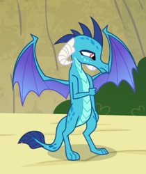 Size: 528x629 | Tagged: safe, screencap, character:princess ember, species:dragon, episode:triple threat, g4, my little pony: friendship is magic, beautiful, cropped, cute, dragoness, female, frown, horns, insecure, looking down, rubbing arm, sad, solo, spread wings, teenaged dragon, teenager, toes, wings