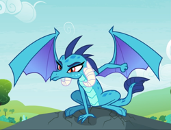 Size: 985x748 | Tagged: safe, screencap, character:princess ember, species:dragon, episode:triple threat, g4, my little pony: friendship is magic, cropped, crouching, dragoness, female, landing, rock, solo, spread wings, superhero landing, wings