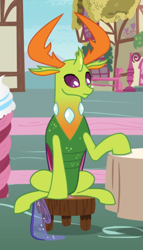 Size: 467x819 | Tagged: safe, screencap, character:thorax, species:changeling, species:reformed changeling, episode:triple threat, g4, my little pony: friendship is magic, cropped, looking down, sitting, solo, table