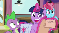 Size: 1920x1080 | Tagged: safe, screencap, character:cup cake, character:spike, character:twilight sparkle, character:twilight sparkle (alicorn), species:alicorn, species:dragon, species:pony, episode:a trivial pursuit, g4, my little pony: friendship is magic, bag, saddle bag, scroll, winged spike