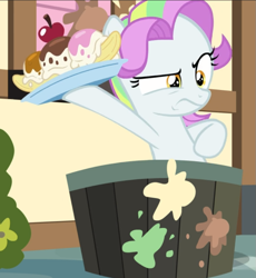 Size: 803x871 | Tagged: safe, screencap, character:coconut cream, episode:fame and misfortune, g4, my little pony: friendship is magic, banana split, cropped, solo, throwing, wavy mouth