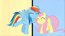 Size: 1668x937 | Tagged: safe, screencap, character:fluttershy, character:rainbow dash, species:pegasus, species:pony, episode:fame and misfortune, g4, my little pony: friendship is magic, cropped, cute, dashabetes, duo, eyes closed, female, hug, mare, shyabetes, smiling, we're not flawless