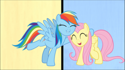 Size: 1671x940 | Tagged: safe, screencap, character:fluttershy, character:rainbow dash, species:pegasus, species:pony, episode:fame and misfortune, g4, my little pony: friendship is magic, cropped, cute, dashabetes, eyes closed, female, hug, mare, open mouth, raised hoof, shyabetes, smiling, solo, we're not flawless
