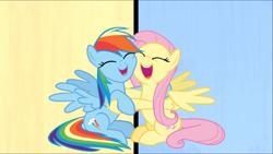 Size: 1667x939 | Tagged: safe, screencap, character:fluttershy, character:rainbow dash, species:pegasus, species:pony, episode:fame and misfortune, g4, my little pony: friendship is magic, cropped, cute, dashabetes, duo, eyes closed, female, hug, mare, open mouth, shyabetes, sitting, smiling