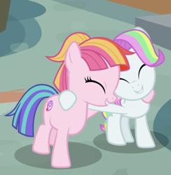 Size: 892x914 | Tagged: safe, screencap, character:coconut cream, character:toola roola, episode:fame and misfortune, g4, my little pony: friendship is magic, cropped, cute, duo, eyes closed, hug, shipping fuel