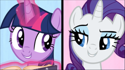 Size: 1670x941 | Tagged: safe, screencap, character:rarity, character:twilight sparkle, character:twilight sparkle (alicorn), species:alicorn, species:pony, species:unicorn, episode:fame and misfortune, g4, my little pony: friendship is magic, book, cropped, duo, female, glowing horn, horn, looking at each other, magic, mare, raised eyebrow, smiling, smirk, telekinesis, we're not flawless