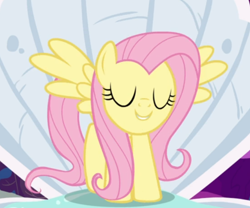 Size: 718x597 | Tagged: safe, screencap, character:fluttershy, species:pegasus, species:pony, episode:fame and misfortune, g4, my little pony: friendship is magic, cropped, cute, eyes closed, female, mare, shyabetes, smiling, solo, spread wings, wings
