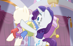 Size: 1480x939 | Tagged: safe, screencap, character:rarity, species:pony, species:unicorn, episode:fame and misfortune, g4, my little pony: friendship is magic, bipedal, cropped, dress form, female, makeup, mare, rear view, running makeup, solo