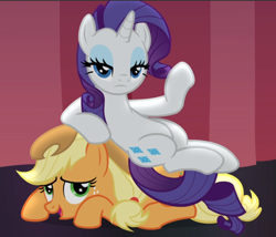 Size: 1088x932 | Tagged: safe, screencap, character:applejack, character:rarity, species:earth pony, species:pony, species:unicorn, episode:fame and misfortune, g4, my little pony: friendship is magic, cropped, duo, female, freckles, lidded eyes, mare, sitting on, sitting on pony, we're not flawless