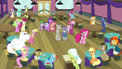 Size: 1920x1080 | Tagged: safe, screencap, character:applejack, character:bon bon, character:bulk biceps, character:cheerilee, character:cranky doodle donkey, character:cup cake, character:daisy, character:doctor whooves, character:fluttershy, character:golden crust, character:goldengrape, character:granny smith, character:lily, character:lily valley, character:lyra heartstrings, character:matilda, character:maud pie, character:midnight snack, character:mudbriar, character:pinkie pie, character:rainbow dash, character:roseluck, character:spike, character:sunburst, character:sweetie drops, character:time turner, character:twilight sparkle, character:twilight sparkle (alicorn), species:alicorn, species:donkey, species:dragon, species:earth pony, species:pegasus, species:pony, species:unicorn, ship:maudbriar, episode:a trivial pursuit, g4, my little pony: friendship is magic, applejack's hat, background pony, bag, clothing, cowboy hat, facehoof, female, flower trio, friendship student, glowing horn, hat, horn, levitation, looking at each other, magic, magic aura, male, mare, robe, saddle bag, scroll, shipping, stallion, straight, sunburst's robe, telekinesis, unamused, winged spike