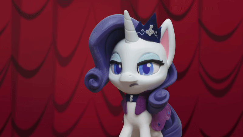 Size: 800x450 | Tagged: safe, screencap, character:rarity, species:pony, species:unicorn, g4.5, my little pony: stop motion short, my little pony:pony life, animated, disappointed, fashion failure, gif, head shake, solo, stop motion, youtube link