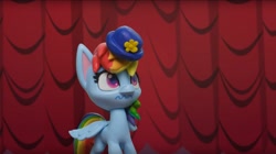 Size: 1673x936 | Tagged: safe, screencap, character:rainbow dash, species:pegasus, species:pony, g4.5, my little pony: stop motion short, my little pony:pony life, clothing, fashion failure, hat, rainbow dash always dresses in style, rainbow dash is not amused, unamused, wavy mouth