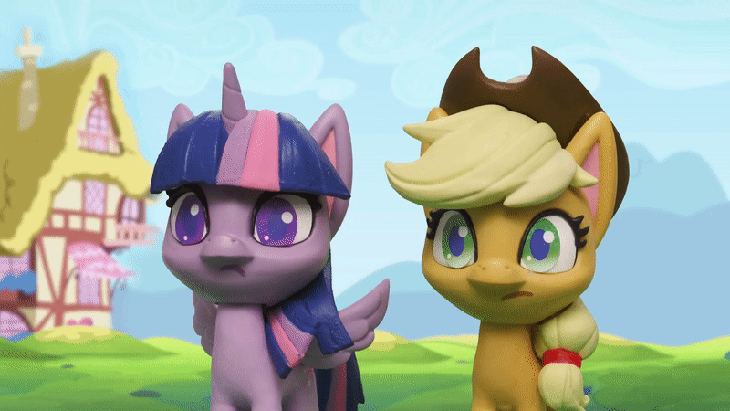 Size: 800x450 | Tagged: safe, screencap, character:applejack, character:twilight sparkle, character:twilight sparkle (alicorn), species:alicorn, species:earth pony, species:pony, g4.5, my little pony: stop motion short, my little pony:pony life, animated, clothing, fashion failure, gasp, gif, hat, house, looking at something, stop motion, surprised
