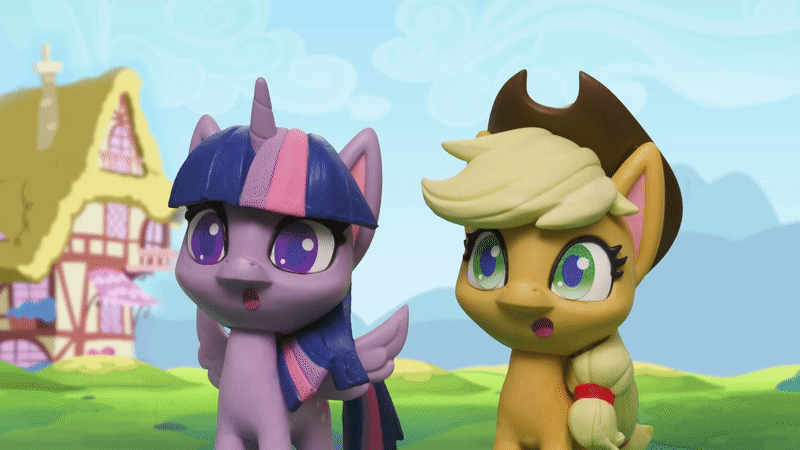 Size: 800x450 | Tagged: safe, screencap, character:applejack, character:twilight sparkle, character:twilight sparkle (alicorn), species:alicorn, species:earth pony, species:pony, g4.5, my little pony: stop motion short, my little pony:pony life, animated, clapping, clothing, fashion failure, gif, happy, hat, house, looking at something, smiling, stop motion