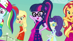 Size: 1280x720 | Tagged: safe, screencap, character:applejack, character:rainbow dash, character:rarity, character:sunset shimmer, character:twilight sparkle, character:twilight sparkle (scitwi), species:eqg human, episode:i'm on a yacht, g4, my little pony:equestria girls, cute, geode of telekinesis, magical geodes, sunglasses