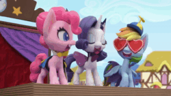 Size: 1920x1080 | Tagged: safe, screencap, character:applejack, character:pinkie pie, character:rainbow dash, character:rarity, character:twilight sparkle, character:twilight sparkle (alicorn), species:alicorn, species:earth pony, species:pegasus, species:pony, species:unicorn, g4.5, my little pony: stop motion short, my little pony:pony life, animated, bow, cheering, clothing, cute, delighted, fashion failure, fashion show, happy, hasbro logo, hat, house, looking at someone, runway, sound, stage, stop motion, sunglasses, webm, whistle, whistling