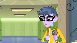 Size: 1539x866 | Tagged: safe, screencap, character:microchips, equestria girls:equestria girls, g4, my little pony:equestria girls, backpack, clothing, glasses, hallway, lockers, male