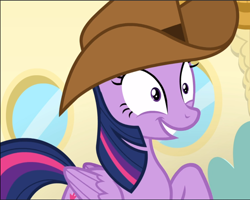 Size: 1176x942 | Tagged: safe, screencap, character:twilight sparkle, character:twilight sparkle (alicorn), species:alicorn, species:pony, episode:once upon a zeppelin, g4, my little pony: friendship is magic, clothing, cowboy hat, cropped, hat, smiling, solo