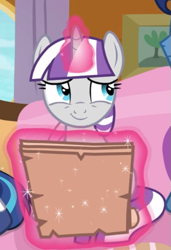 Size: 487x712 | Tagged: safe, screencap, character:twilight velvet, episode:once upon a zeppelin, g4, my little pony: friendship is magic, cropped, cute, glowing horn, horn, levitation, magic, paper, sitting, smiling, solo, telekinesis