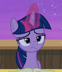 Size: 641x737 | Tagged: safe, screencap, character:twilight sparkle, character:twilight sparkle (alicorn), species:alicorn, species:pony, episode:once upon a zeppelin, g4, my little pony: friendship is magic, cropped, glowing horn, horn, solo, twilight is not amused, unamused