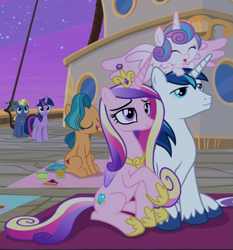 Size: 813x871 | Tagged: safe, screencap, character:princess cadance, character:princess flurry heart, character:shining armor, character:star tracker, character:twilight sparkle, character:twilight sparkle (alicorn), species:alicorn, species:pony, episode:once upon a zeppelin, g4, my little pony: friendship is magic, cropped, sitting, spread wings, wings