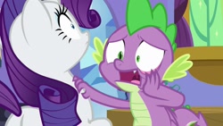 Size: 1920x1080 | Tagged: safe, screencap, character:rarity, character:spike, species:dragon, species:pony, species:unicorn, episode:dragon dropped, g4, my little pony: friendship is magic, scared, winged spike