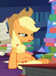 Size: 398x543 | Tagged: safe, screencap, character:applejack, species:earth pony, species:pony, episode:shadow play, g4, my little pony: friendship is magic, belly, book, cropped, female, freckles, library, lidded eyes, mare, open mouth, sitting, solo, twilight's castle, twilight's castle library, waking up