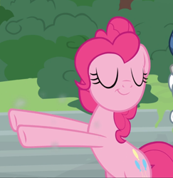 Size: 912x937 | Tagged: safe, screencap, character:pinkie pie, species:earth pony, species:pony, episode:shadow play, g4, my little pony: friendship is magic, :t, bipedal, cropped, eyes closed, female, mare, solo