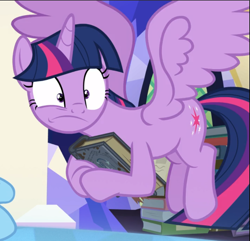 Size: 929x896 | Tagged: safe, screencap, character:twilight sparkle, character:twilight sparkle (alicorn), species:alicorn, species:pony, episode:shadow play, g4, my little pony: friendship is magic, book, cropped, faec, flying, solo, spread wings, star swirl's journal, wings
