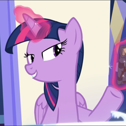 Size: 941x941 | Tagged: safe, screencap, character:twilight sparkle, character:twilight sparkle (alicorn), species:alicorn, species:pony, episode:shadow play, g4, my little pony: friendship is magic, book, cropped, glowing horn, horn, lidded eyes, sitting, smiling, solo