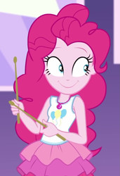 Size: 715x1044 | Tagged: safe, screencap, character:pinkie pie, episode:constructive criticism, g4, my little pony:equestria girls, constructive criticism: pinkie pie, cropped, cute, diapinkes, drumsticks, female, geode of sugar bombs, magical geodes, smiling