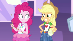 Size: 1920x1080 | Tagged: safe, screencap, character:applejack, character:pinkie pie, episode:constructive criticism, g4, my little pony:equestria girls, applejack's hat, bandage, clothing, constructive criticism: pinkie pie, cowboy hat, cute, denim skirt, diapinkes, duo, duo female, female, freckles, geode of sugar bombs, geode of super strength, hat, jackabetes, magical geodes, skirt, smiling, stetson