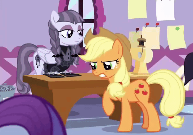 Size: 622x434 | Tagged: safe, screencap, character:applejack, character:inky rose, character:rarity, species:earth pony, species:pegasus, species:pony, species:unicorn, episode:honest apple, g4, my little pony: friendship is magic, animated, annoyed, applejack's hat, carousel boutique, clothing, cowboy hat, cropped, duo focus, female, folded wings, freckles, gif, hat, mare, offscreen character, sewing machine, wings