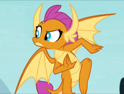 Size: 1236x939 | Tagged: safe, screencap, character:smolder, species:dragon, episode:school daze, g4, my little pony: friendship is magic, claws, cropped, dragoness, fangs, female, flying, horns, raised eyebrow, raised leg, solo, teenaged dragon, teenager