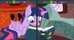 Size: 1108x602 | Tagged: safe, screencap, character:rainbow dash, character:twilight sparkle, character:twilight sparkle (alicorn), species:alicorn, species:pegasus, species:pony, derpibooru, episode:testing testing 1-2-3, g4, my little pony: friendship is magic, animated, book, cropped, description is relevant, golden oaks library, juxtaposition, meme, meta