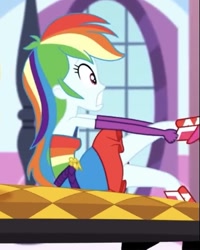 Size: 389x486 | Tagged: safe, screencap, character:rainbow dash, episode:make up shake up, eqg summertime shorts, g4, my little pony:equestria girls, clothing, cropped, dress, fall formal outfits, sleeveless, solo