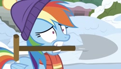 Size: 1446x828 | Tagged: safe, screencap, character:rainbow dash, episode:best gift ever, episode:triple pony dare ya, g4, my little pony: friendship is magic, clothing, hearth's warming shorts, scarf, shovel, snow, solo